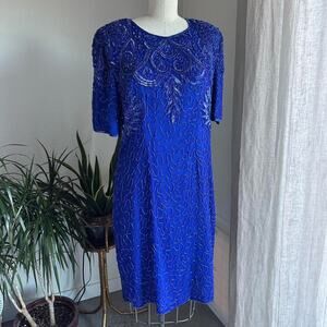 Silky Nites New York Women’s 1X Dress Royal Blue Silk Beaded Sequin Glam 80s